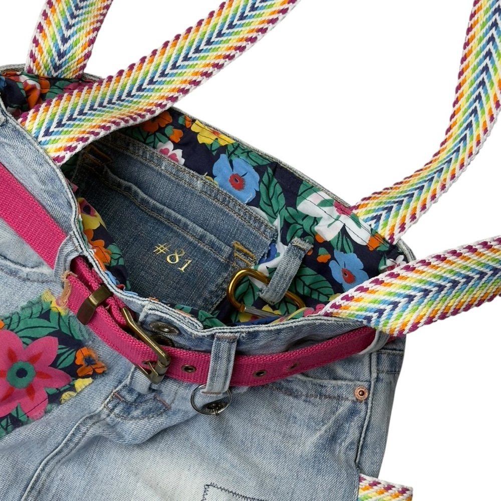 Handmade Upcycled Denim Floral Patch Mini Skirt Rainbow Strap Shoulder Bag - Picture 11 of 13